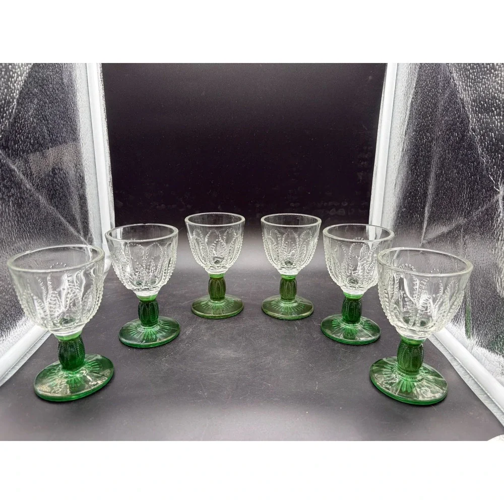 Vintage‎ Pressed Glass Juice Cordial Glasses Green Stem Beaded Swag Set of 6